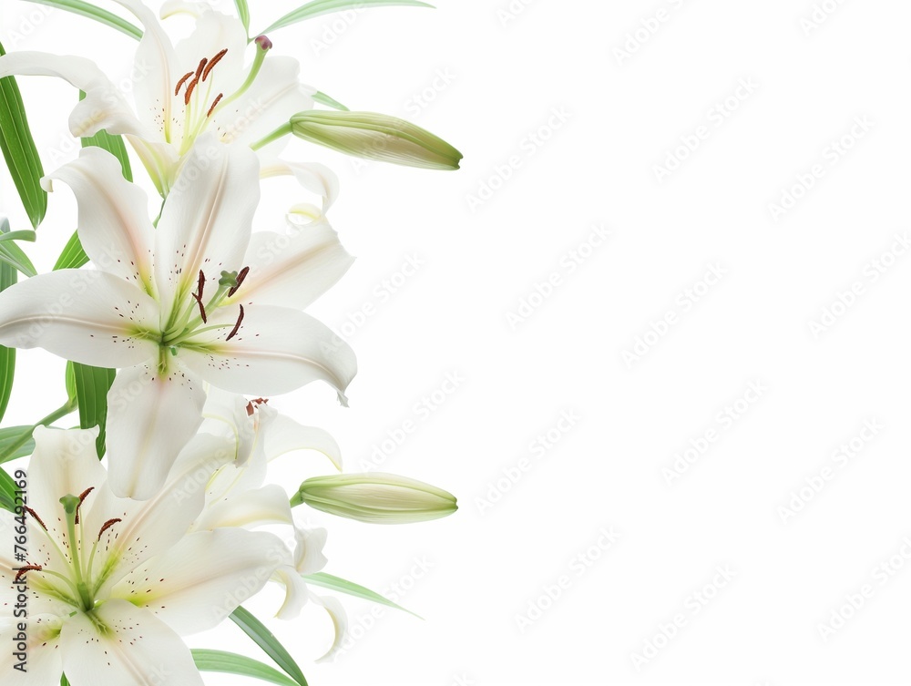 Fototapeta premium white lilies bunch on a white background, background with blooming white lily flowers