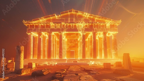 A mesmerizing 3D artwork depicting an ancient Greek temple glowing with radiant light against a dusky sky.