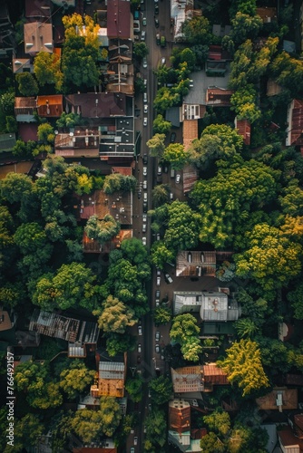 Aerial view of a city with abundant trees. Suitable for urban planning concepts
