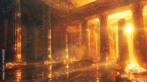 An ethereal golden glow fills an ancient temple's interior, with sunlight streaming through columns and reflective water on the floor. © Sodapeaw