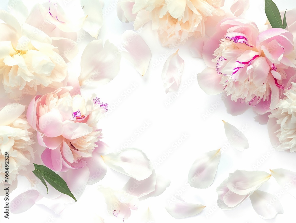 blooming peonies flowers, background with blooming light pink and white peony flowers and petals