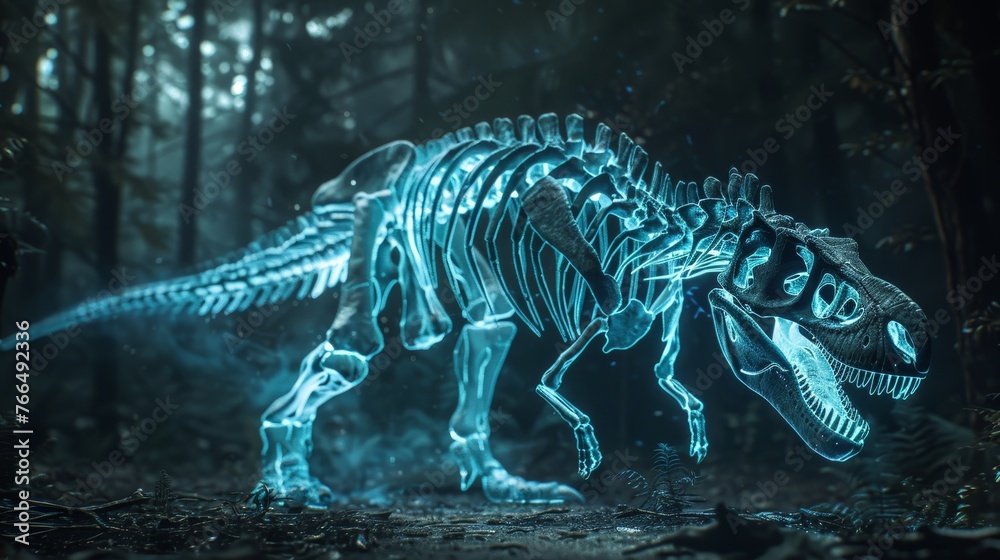 This evocative 3D captures the essence of a bioluminescent Tyrannosaurus Rex skeleton in a foggy, ethereal forest setting. This evocative 3D captures the essence of a bioluminescent Tyrannosaurus Rex skeleton in a foggy, ethereal forest setting.