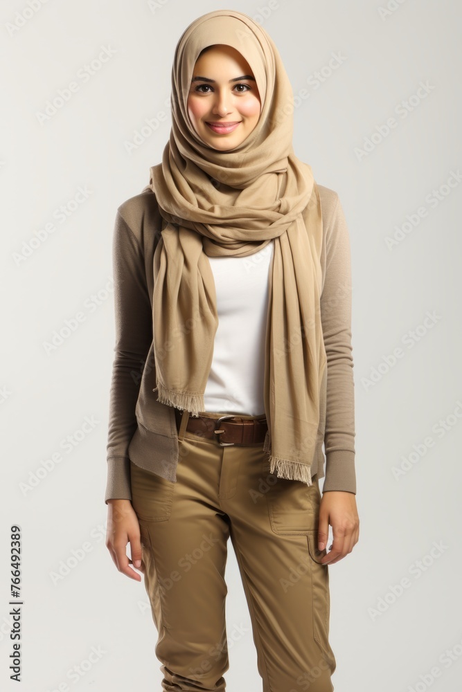 A young woman wearing a brown hijab and brown clothes A young woman wearing a brown hijab and brown clothes