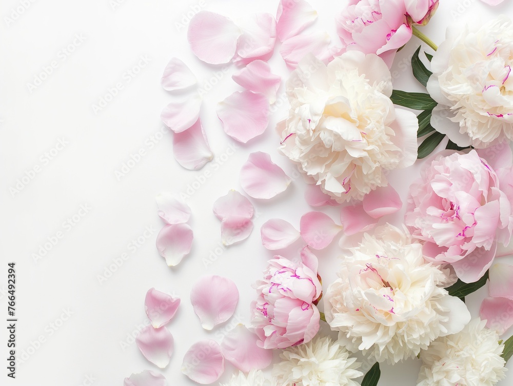 blooming peonies flowers, background with blooming light pink and white peony flowers and petals
