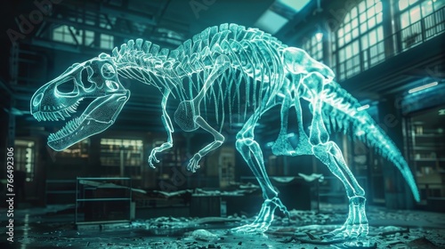 A 3D hologram of a Tyrannosaurus Rex skeleton casts a cool blue light inside a modern scientific laboratory setting. © Sodapeaw