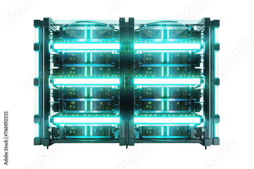 A large, multi-tiered display of computer parts is lit up in neon colors,isolated on white background or transparent background. png cut out or die-cut