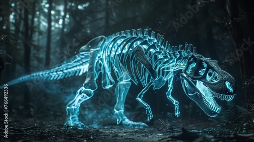 This evocative 3D captures the essence of a bioluminescent Tyrannosaurus Rex skeleton in a foggy, ethereal forest setting.