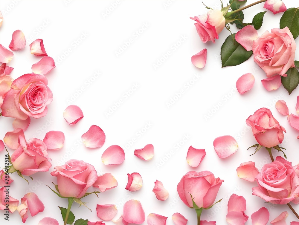 background with blooming pink rose flowers and petals isolated on white