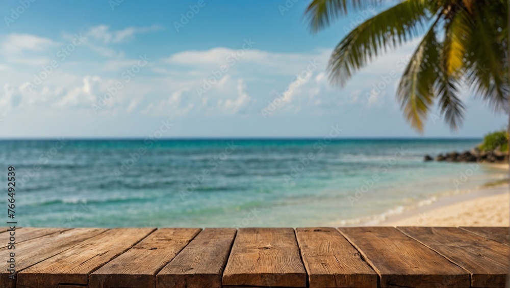 A serene image with a wooden table overlooking a stunning tropical beach with clear blue waters