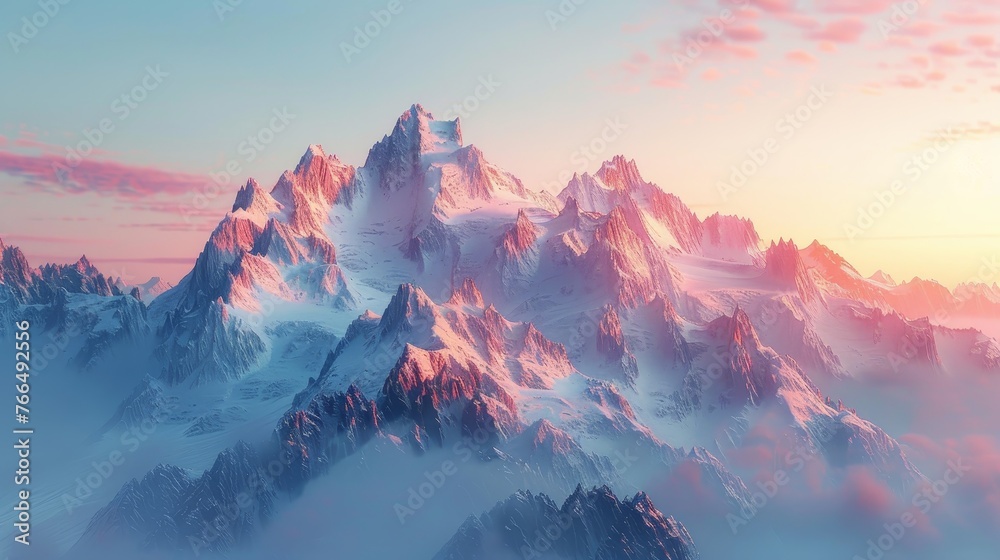The first light of sunrise casts a warm glow over majestic snowy mountain peaks, rising above soft clouds in a tranquil morning sky. - obrazy, fototapety, plakaty 