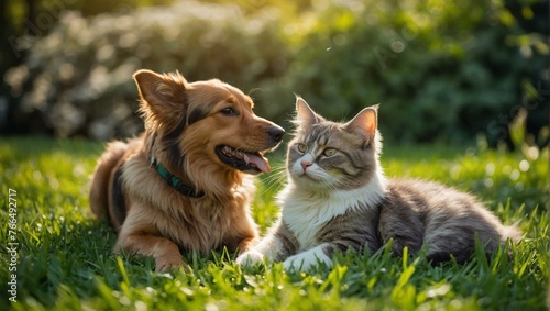 A heartwarming scene of an affectionate dog beside a calm cat on a sunny day in a lush green garden
