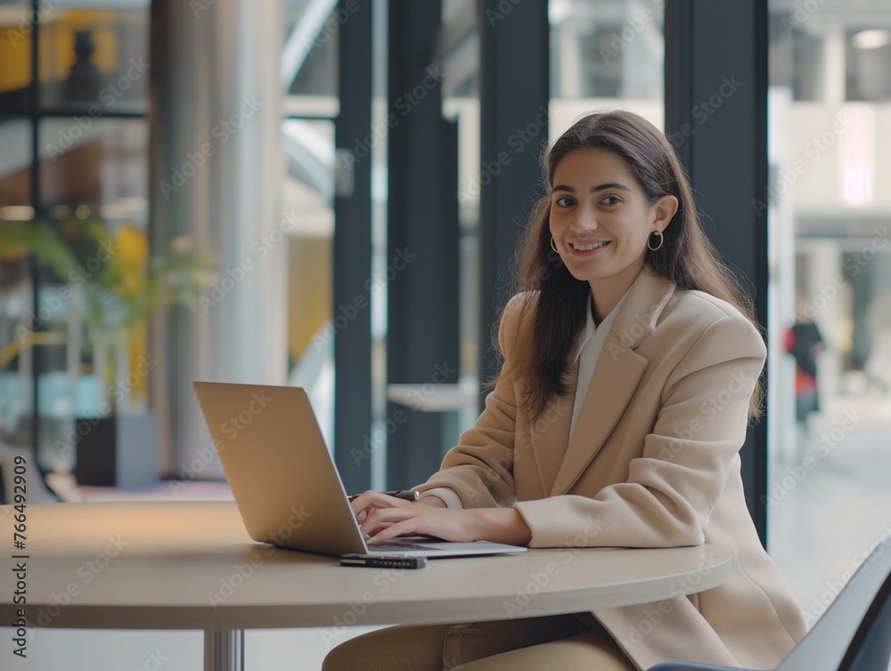 Close up portrait of a beautiful young woman smiling and looking at laptop screen Close up portrait of a beautiful young woman smiling and looking at laptop screen