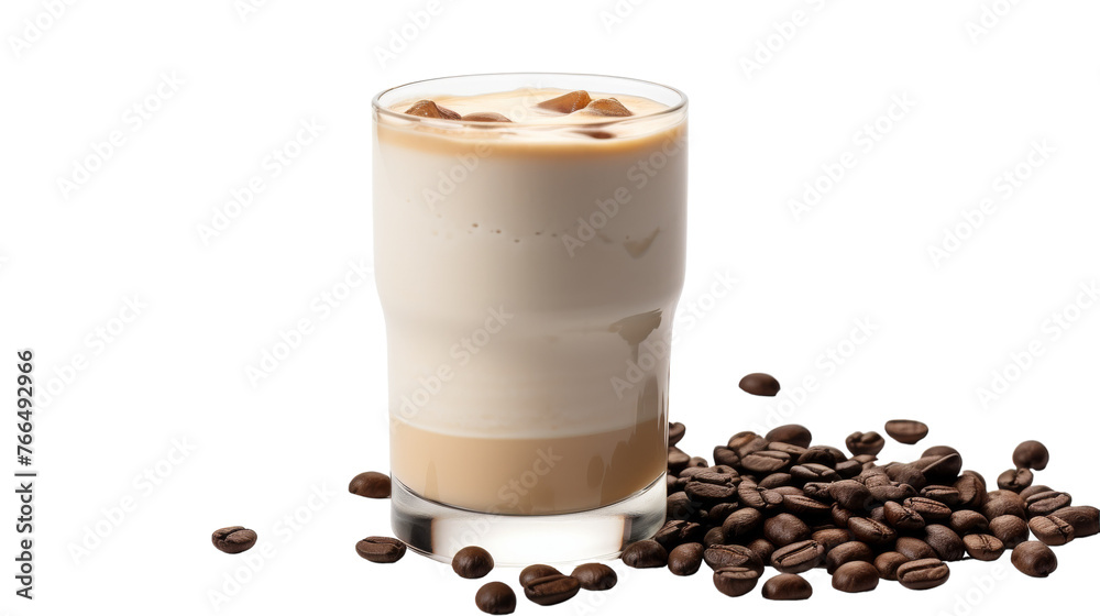 An inviting cup of coffee sits next to a mountain of coffee beans