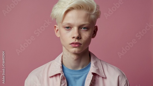 Serene portrait of a pensive blonde boy with pale skin wearing a pastel-colored jacket on a solid background