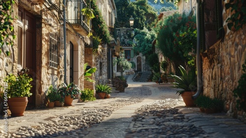 A charming street with potted plants, perfect for urban and travel concepts