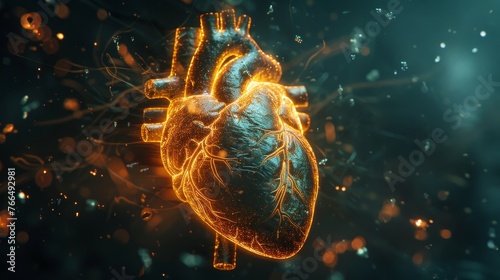 An intricate digital representation of the human heart, aglow with a network of vessels highlighted against a dark, particulate-filled background.