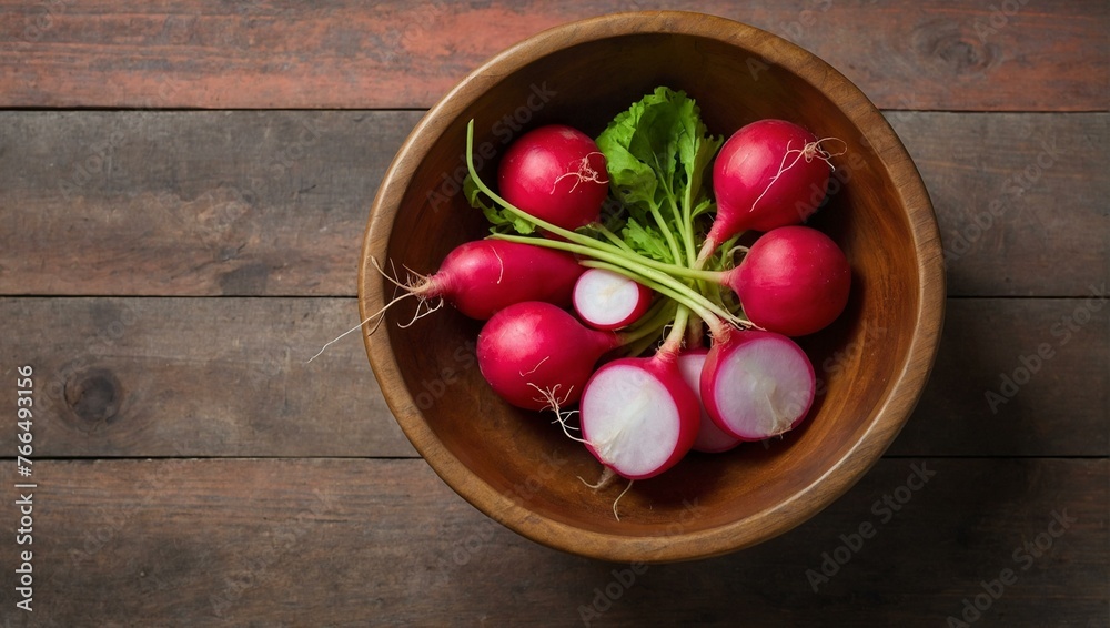 Fresh red radishes with leafy greens left on in a dark wooden bowl on a rustic wooden table, top view Fresh red radishes with leafy greens left on in a dark wooden bowl on a rustic wooden table, top view