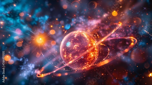 This image evokes a sense of the cosmic scale  featuring an atom-like structure with swirling orbits surrounded by a stellar backdrop  symbolizing atomic energy and the universe s mysteries.