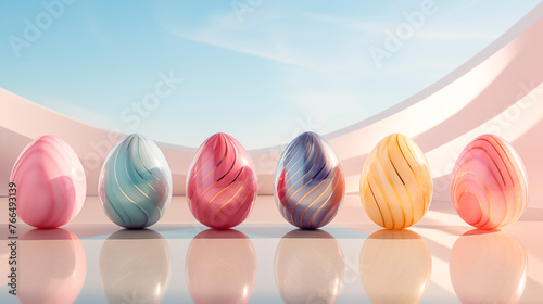 3D visualization, volumetric illustration of Easter eggs on a light background with copy space. Happy Easter! Easter holiday concept. Glossy painted artificial eggs. Minimal Easter concept