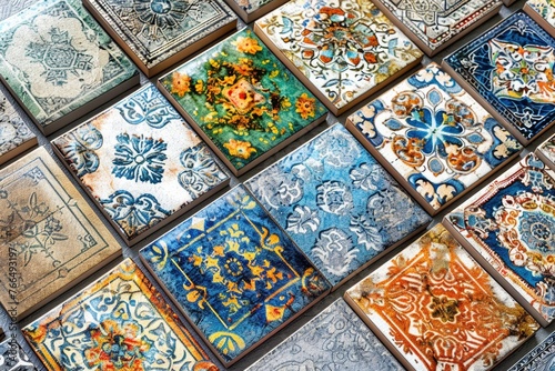 Colorful tiles displayed on a table, perfect for interior design projects