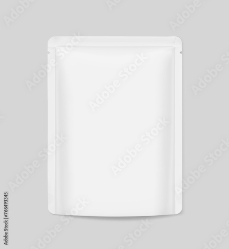 Food pouch bag mockup. Vector illustration isolated on grey background. Front view. Can be use for template your design, presentation, promo, ad. EPS10.