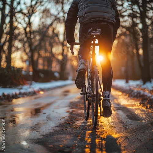 A cyclist's view while riding a bicycle on a chilly winter's evening, with the golden light of the sunset ahead, creates an inviting urban scene.
