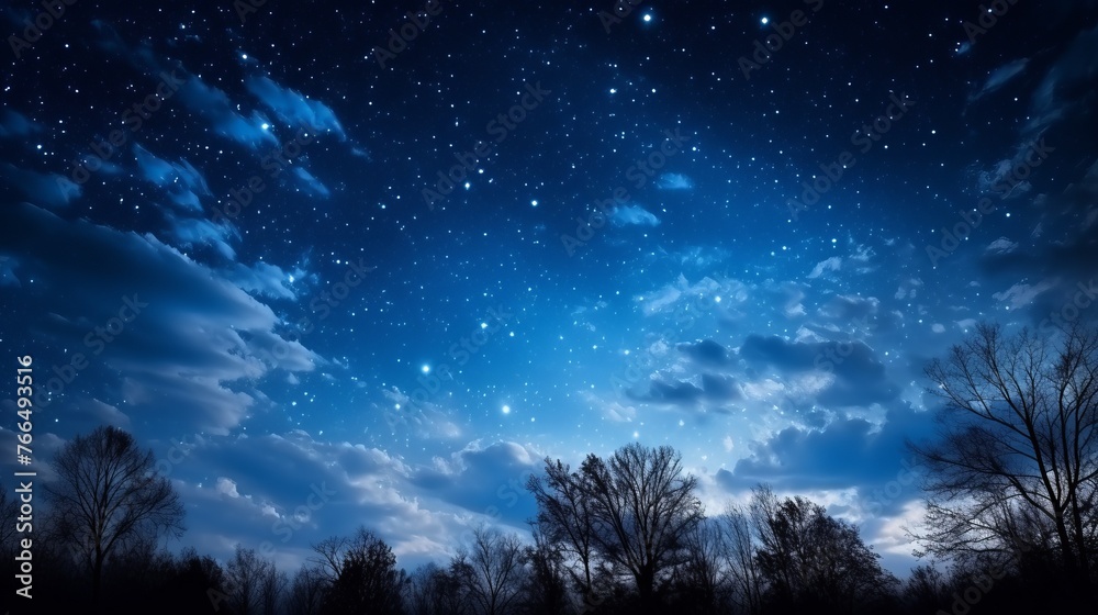 starry night sky with clouds and silhouette of trees
