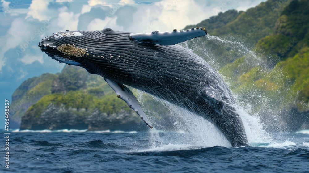 Obraz premium A majestic humpback whale breaching out of the water. Perfect for nature and wildlife themes
