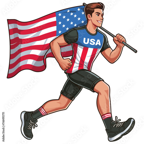 Happy young man running with usa flag colorful vector illustration