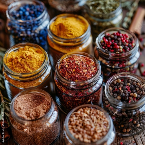Close-up of various spices in glass jars, featuring vibrant colors and textures, essential for global culinary adventures.