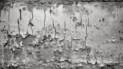 Black and white photo of a brick wall with peeling paint