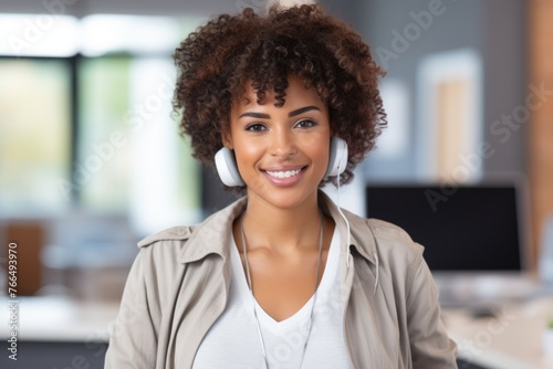 Portrait of a smiling young woman wearing headphones