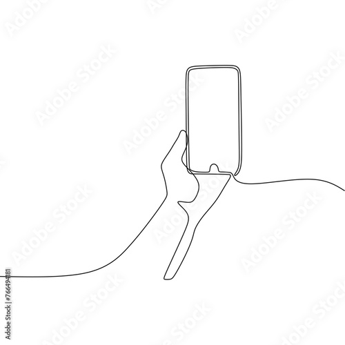Single continous line art of hand holding phone