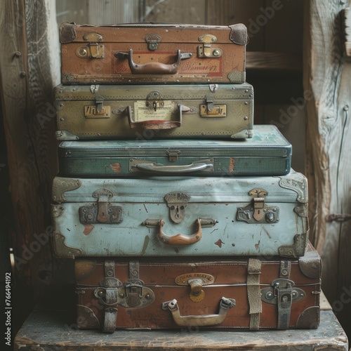A nostalgic stack of well-traveled vintage suitcases, each with unique stickers and labels, evokes the romance of bygone travel eras.