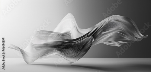 Abstract shape or object flying, 3d render, room, dark, black white, no background, minimal, pak, graphic design.