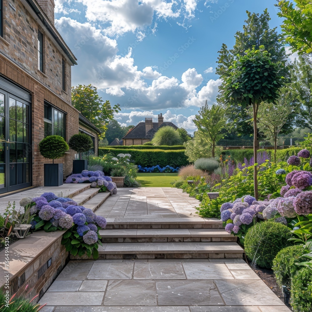 A beautifully landscaped garden path lined with lush hydrangeas and neatly trimmed topiaries leads to a luxurious residence.