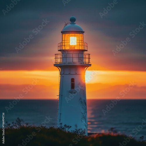 The warm glow of a lighthouse beacon shines across the sea at sunset, offering guidance and a picturesque seascape.