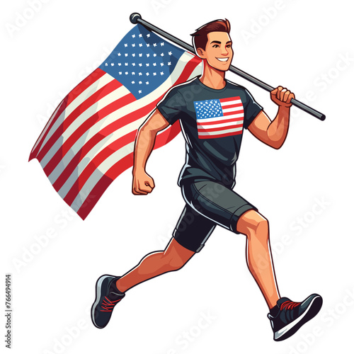 Happy young man running with usa flag colorful vector illustration