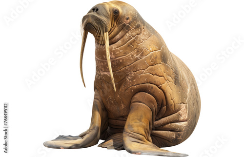 Walrus with prominent tusks seated, cut out transparent