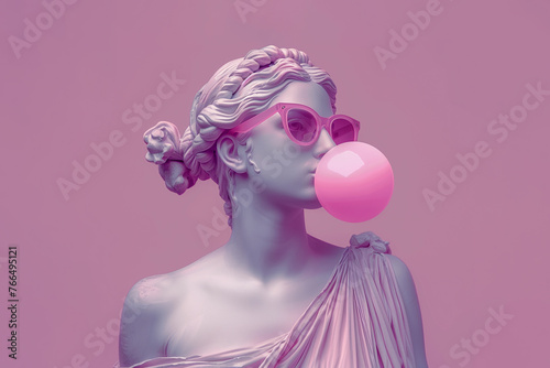 An antique female bust sculpture in modern sunglasses makes a bubble with the gum. Minimal pop culture concept art. © Igor