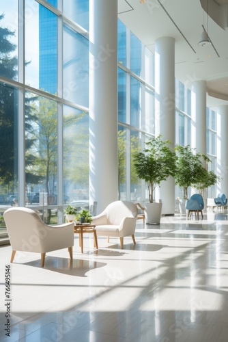 An Empty Modern Office Lobby with Large Windows