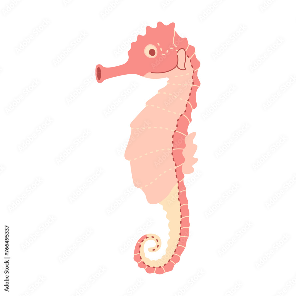Fototapeta premium Cute pink seahorse. Sea and ocean animal. Underwater life. Hippocampus character. Vector flat illustration isolated on white background.