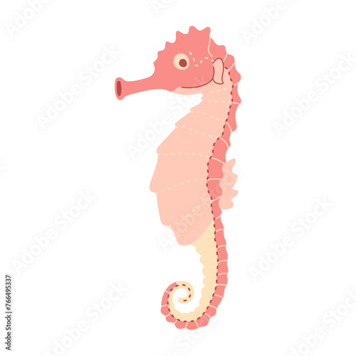 Cute pink seahorse. Sea and ocean animal. Underwater life. Hippocampus character. Vector flat illustration isolated on white background.