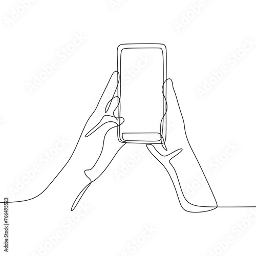 Single continous line art of hand holding phone