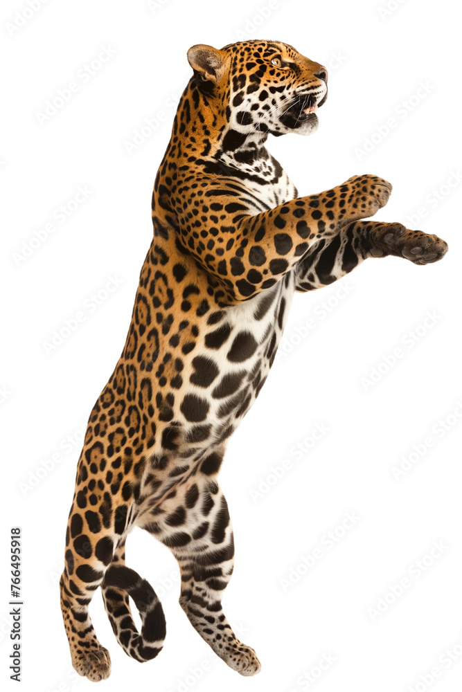 Jaguar standing on back legs isolated on white or transparent background, png clipart, design element. Easy to place on any other background. Jaguar standing on back legs isolated on white or transparent background, png clipart, design element. Easy to place on any other background.