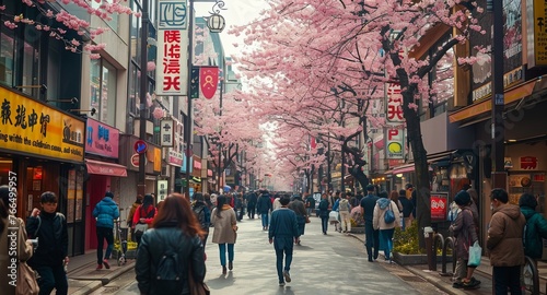 A Bustling Street Adorned with Spring Cherry Blossoms. photo