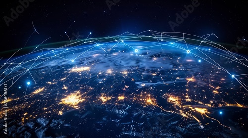 Earth at night showing city lights and global communication network