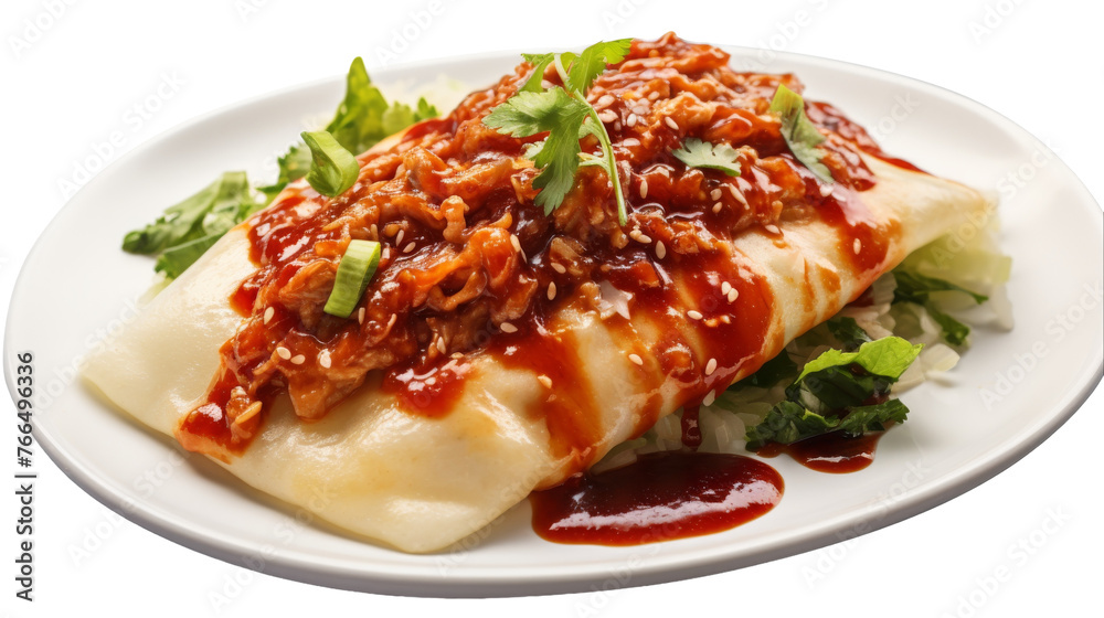 A white plate holds succulent meat smothered in flavorful sauce A white plate holds succulent meat smothered in flavorful sauce