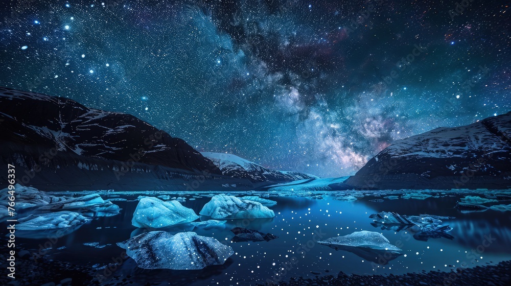 a captivating scene of an iceberg silhouetted against a starry night sky, evoking a sense of serene beauty and vastness.