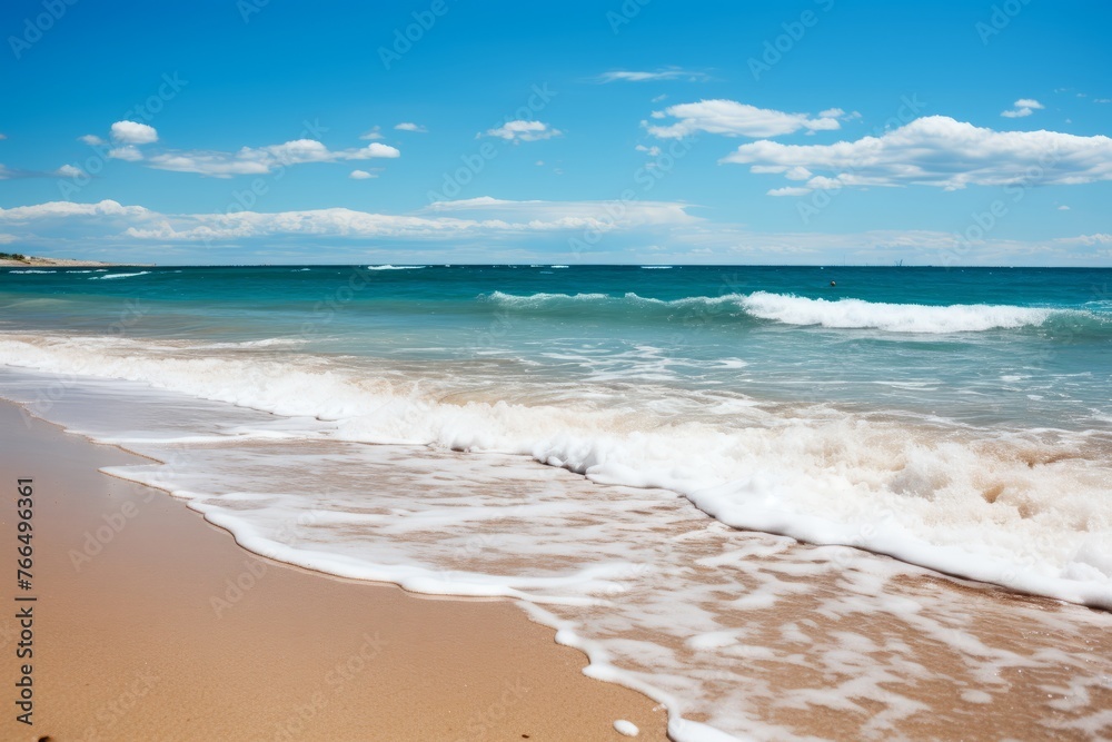 Gentle waves lap the sandy shore under a cerulean sky